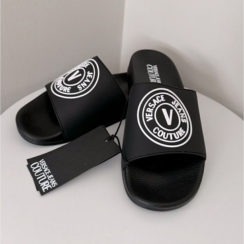 ⭕️ VERSACE JEANS Men’s Slippers Flit Flops Sandals Black Designer 43 US 10